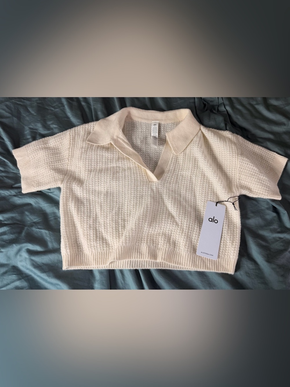 ALO Yoga Cropped Knit Polo Sweater in Cream